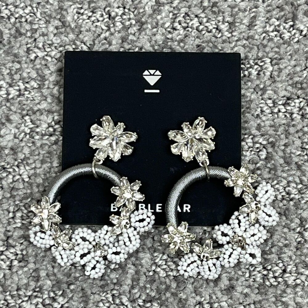 BaubleBar Beaded Flower Hoop Earrings Silver White Crystal Dangle Drop Dopamine